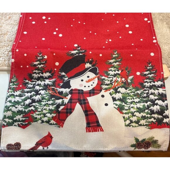 Red & White Snowman Christmas Table Runner Snow & Pine Trees 13" X 72" - Picture 2 of 4